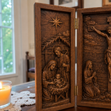 The Life of Christ Hand-Carved Beechwood Triptych – From Nativity to Resurrection Glory