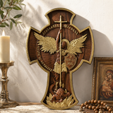 Hand-Carved Beechwood Archangel Michael Wall Cross – Quis Ut Deus Christian Home Decor