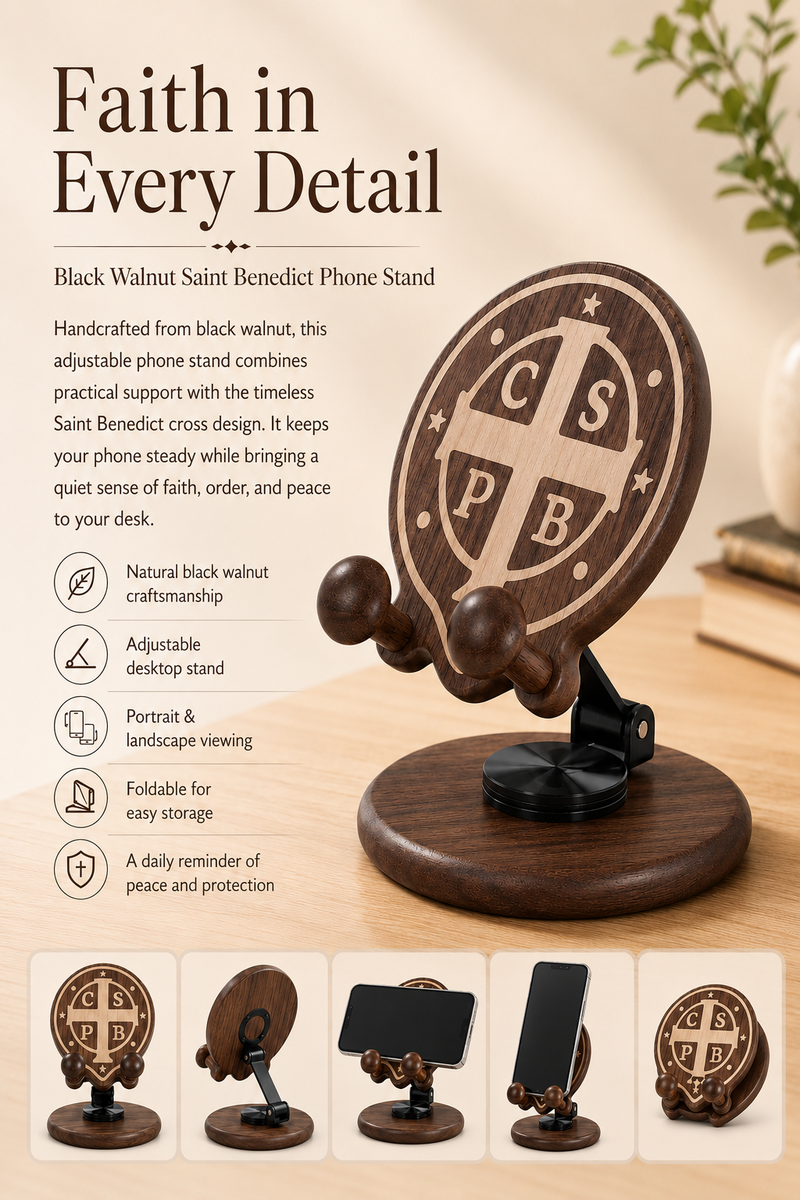 Black Walnut Saint Benedict Cross Phone Stand on desk