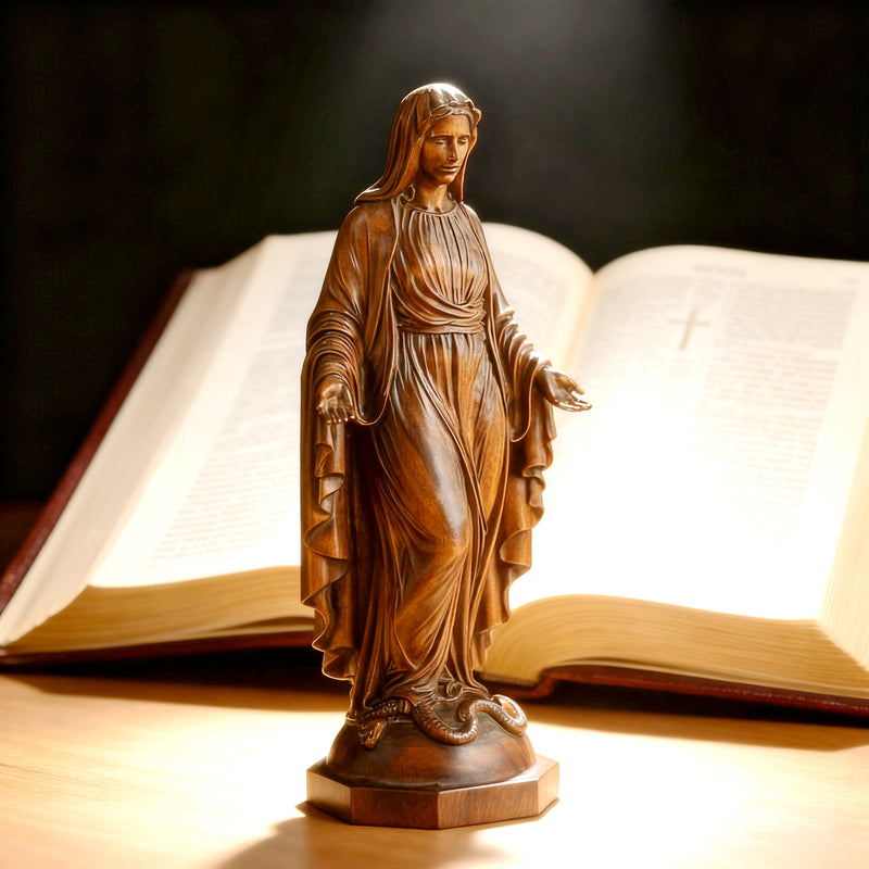 Hand Carved Sacred Heart of Jesus Virgin Mary Wooden Tabletop Ornament