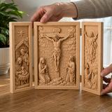The Life of Christ Hand-Carved Beechwood Triptych – From Nativity to Resurrection Glory - side view