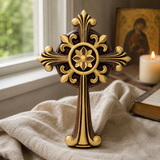 Hand-Carved Beechwood Ornate Cross – Gold Accented Christian Wall Cross