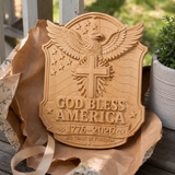 God Bless America Wooden Wall Plaque – Hand-Carved Beechwood Eagle Cross Decor, 1776–2026 250th Anniversary
