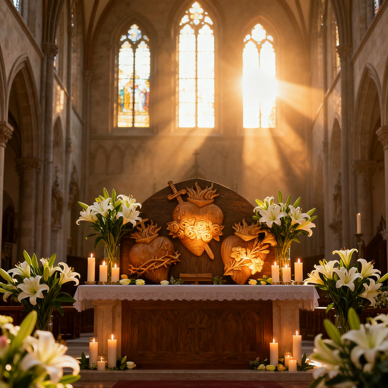 Holy Family Three Sacred Hearts Wooden Wall Decoration