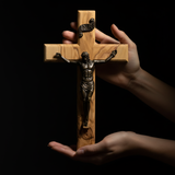 【Holy City Wood】Handcrafted Olive Wood Cross with Bronze Christ Statue A Devotional Companion for Prayer A Collectible Gift of Distinction