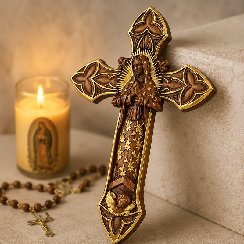 Close view of hand-carved solid beechwood Guadalupe cross with natural grain