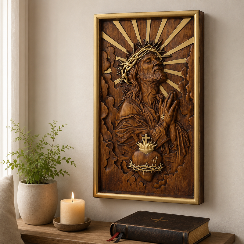 Sacred Heart of Jesus beechwood plaque prepared as a meaningful Christian gift
