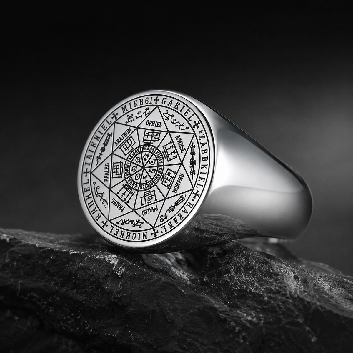 Vintage Titanium Seven Archangel Signet Ring - Amulet Against Evil