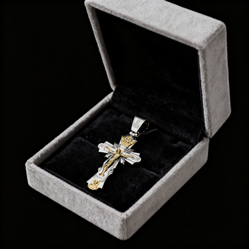 Gold-Plated Copper Crucifix Pendant with Jesus Christ and Religious Figures