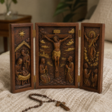 The Life of Christ Hand-Carved Beechwood Triptych – From Nativity to Resurrection Glory - design detail