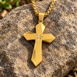 Faceted Eight Point North Star CZ Inlay Stainless Steel Cross Necklace