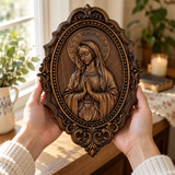 Hand-Carved Virgin Mary Prayer Wall Plaque – Ornate Beechwood Catholic Religious Decor,