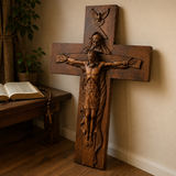 Hand-Carved Beechwood Holy Trinity Crucifix Wall Cross – Christian Home Prayer Decor