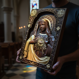 Immaculate Heart of Mary Hand-Carved Beech Wood Sculpture | Sacred Home Altar Ornament