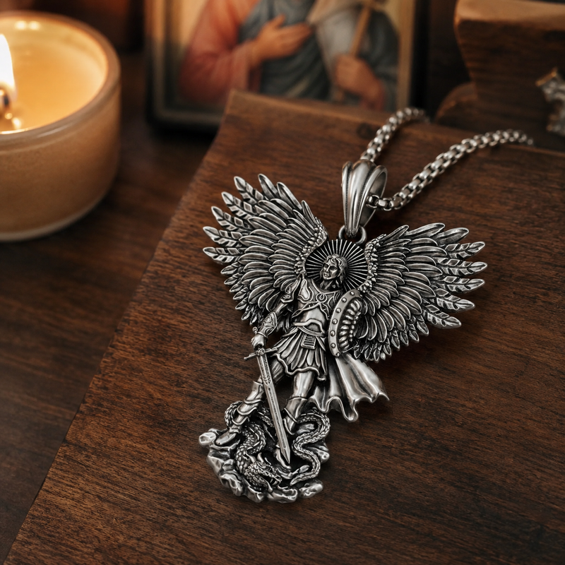 Saint Michael pendant in a warm Christian prayer setting