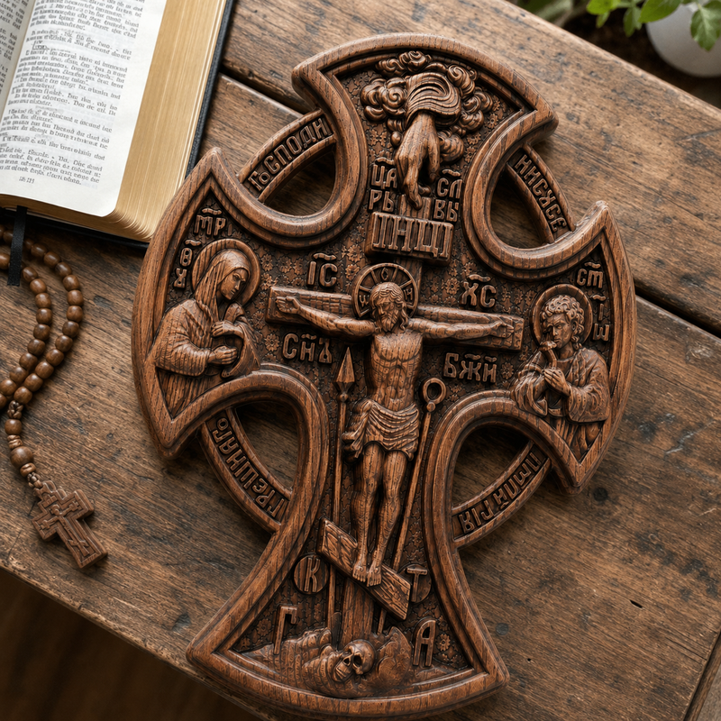 Natural beechwood grain and hand-carved crucifix