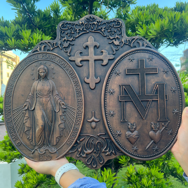 Miraculous Medal Wood Carving Decor - Medal of Our Lady of Graces