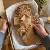 Hand-Carved Beechwood Jesus Crown of Thorns Cross – Christian Wall Art