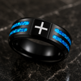 Black Polished Blue Opal Inlay Laser Engraved Cross Stainless Steel Ring