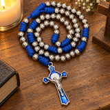 t. Benedict Blue Enamel Rosary with Crucifix – Silver-Tone Beads & Braided Cord
