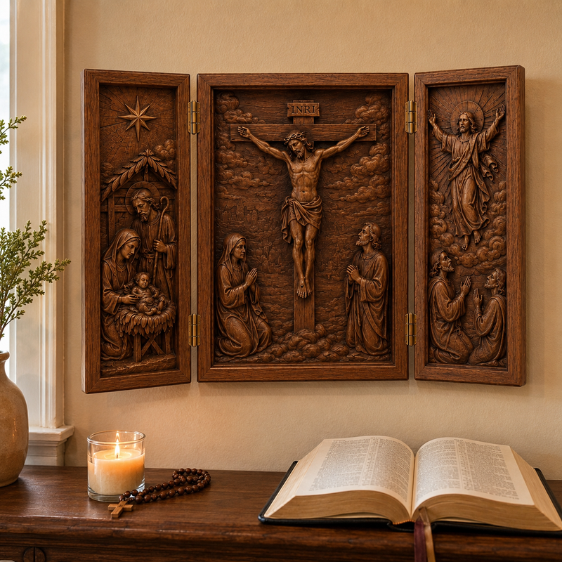 Closed beechwood Christian triptych with carved cross doors