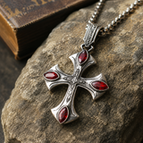 Vintage Red Zircon Cross Pendant Necklace, Religious Faith Men’s Necklace