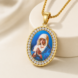 Iced Oval Praying Virgin Mary Portrait Pendant Necklace, 316L Stainless Steel Gold Plated Our Lady Medal Necklace With Rope Chain Religious Jewelry