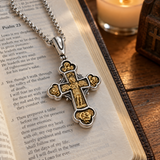 Angelic Guardian Cross Necklace – Two-Tone Sacred Relief Christian Pendant