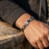 Men's Black‑Silver Striped Titanium Steel Bracelet, Geometric Textured Link Wristband, Rugged Business Men Jewelry