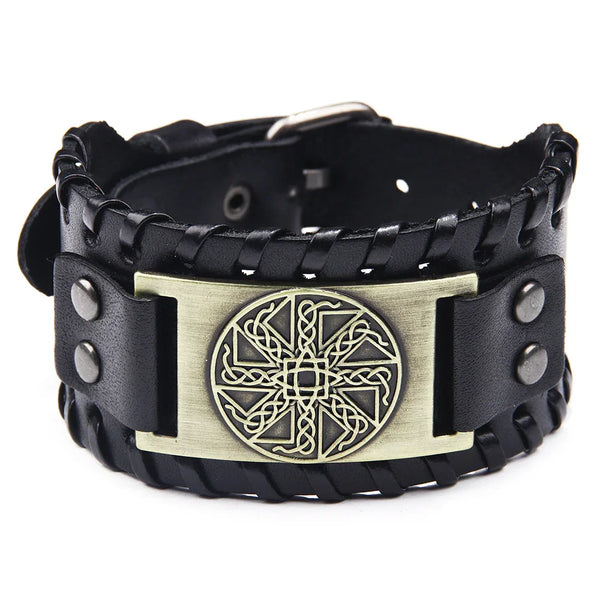 Viking Bracelet Adjustable Bangle - Mens Leather Bracelet Handmade with Nordic Amulet - Celtic Pagan Jewelry of Talisman (Kolovrat Silver) - BGCOPPER