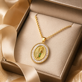 Oval Baguette Cubic Zirconia Saint Jude Medal Necklace, Gold Plated Brass St. Jude Pendant Religious Jewelry