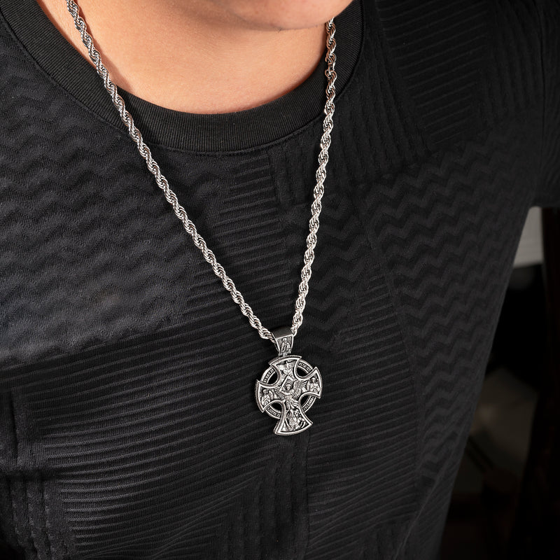 Michael Archangel and Crucifixion Front and Back Engraved 925K Sterling Silver Pendant Necklace