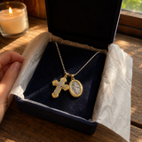 Gold-Tone Copper Zircon Cross & Miraculous Medal Double Pendant Necklace – Christian Faith Jewelry