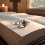 Sacred Heart of Jesus Thorn Flame Cross Adjustable Open Ring