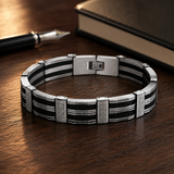 Men's Black‑Silver Striped Titanium Steel Bracelet, Geometric Textured Link Wristband, Rugged Business Men Jewelry