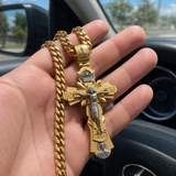 Gold-Plated Copper Crucifix Pendant with Jesus Christ and Religious Figures