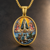 3D Raised Color Enamel Our Lady of Charity Oval Gold Stainless Steel Necklace