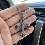 Vintage Red Zircon Cross Pendant Necklace, Religious Faith Men’s Necklace