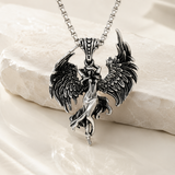 Vintage Archangel Stainless Steel Necklace, 3D Embossed Angel Pendant Box Chain for Men