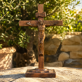 Hand-Carved Beechwood Crucifixion of Jesus Standing Cross – Christian Prayer & Home Altar Decor