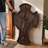 Hand-Carved Beechwood Archangel Michael Wall Cross – Quis Ut Deus Christian Home Decor