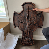 Hand-Carved Beechwood Archangel Michael Wall Cross – Quis Ut Deus Christian Home Decor