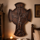 Hand-Carved Beechwood Archangel Michael Wall Cross – Quis Ut Deus Christian Home Decor