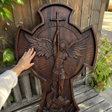 Hand-Carved Beechwood Archangel Michael Wall Cross – Quis Ut Deus Christian Home Decor