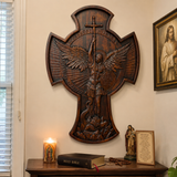 Hand-Carved Beechwood Archangel Michael Wall Cross – Quis Ut Deus Christian Home Decor