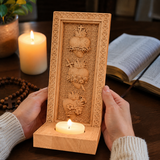 Holy Family Three Sacred Hearts Candlestick Wooden Carved Tabletop Arrangement
