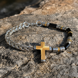 Two-Tone Cross & Natural Stone Bracelet