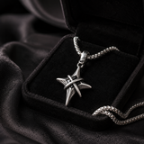 Vintage North Star Men Stainless Steel Necklace, Wrapped Cross Black CZ 4‑Point Star Pendant With Box Chain