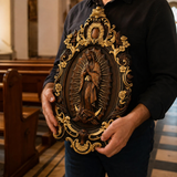Religious gift with rich details of the wooden statue of Our Lady of Guadalupe