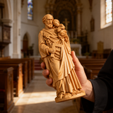 Beechwood roundel of Joseph holding a child: sacred heritage, warmth and eternity